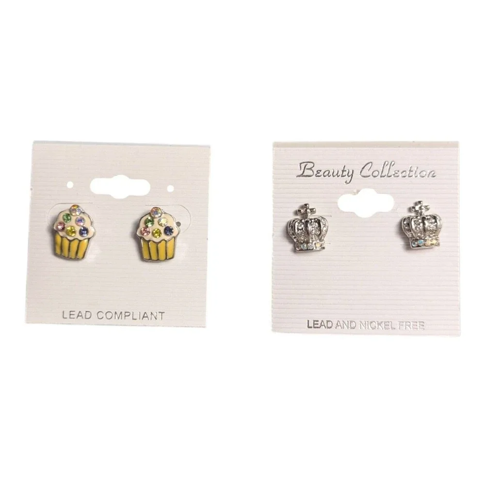 Girls Stud Earrings Set Cupcake + Princess Crown